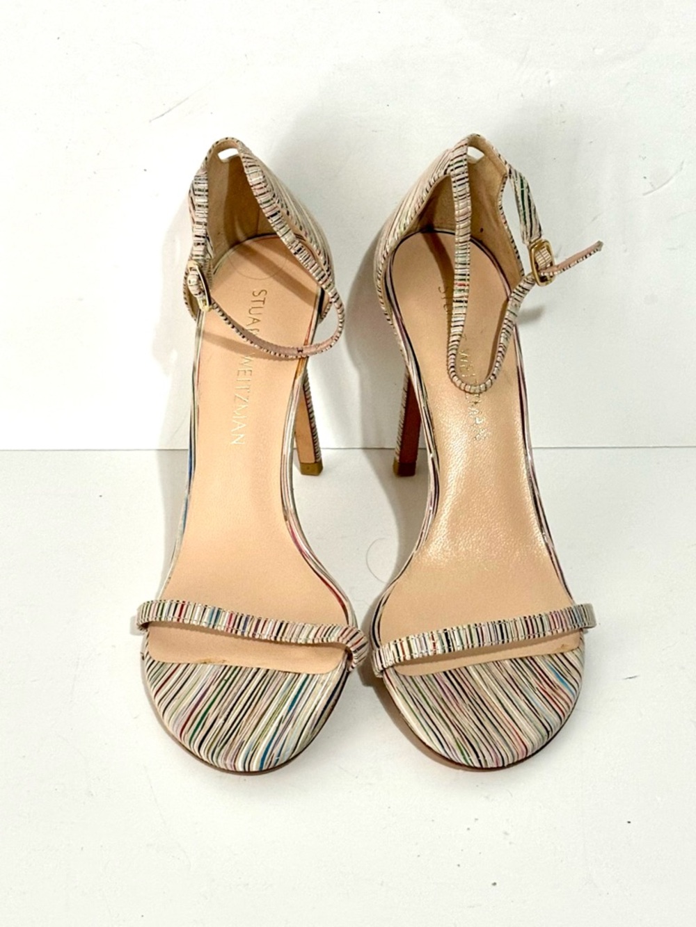 Stuart Weitzman Nudistsong Heels striped leather pattern ankle strap Size 8.5M